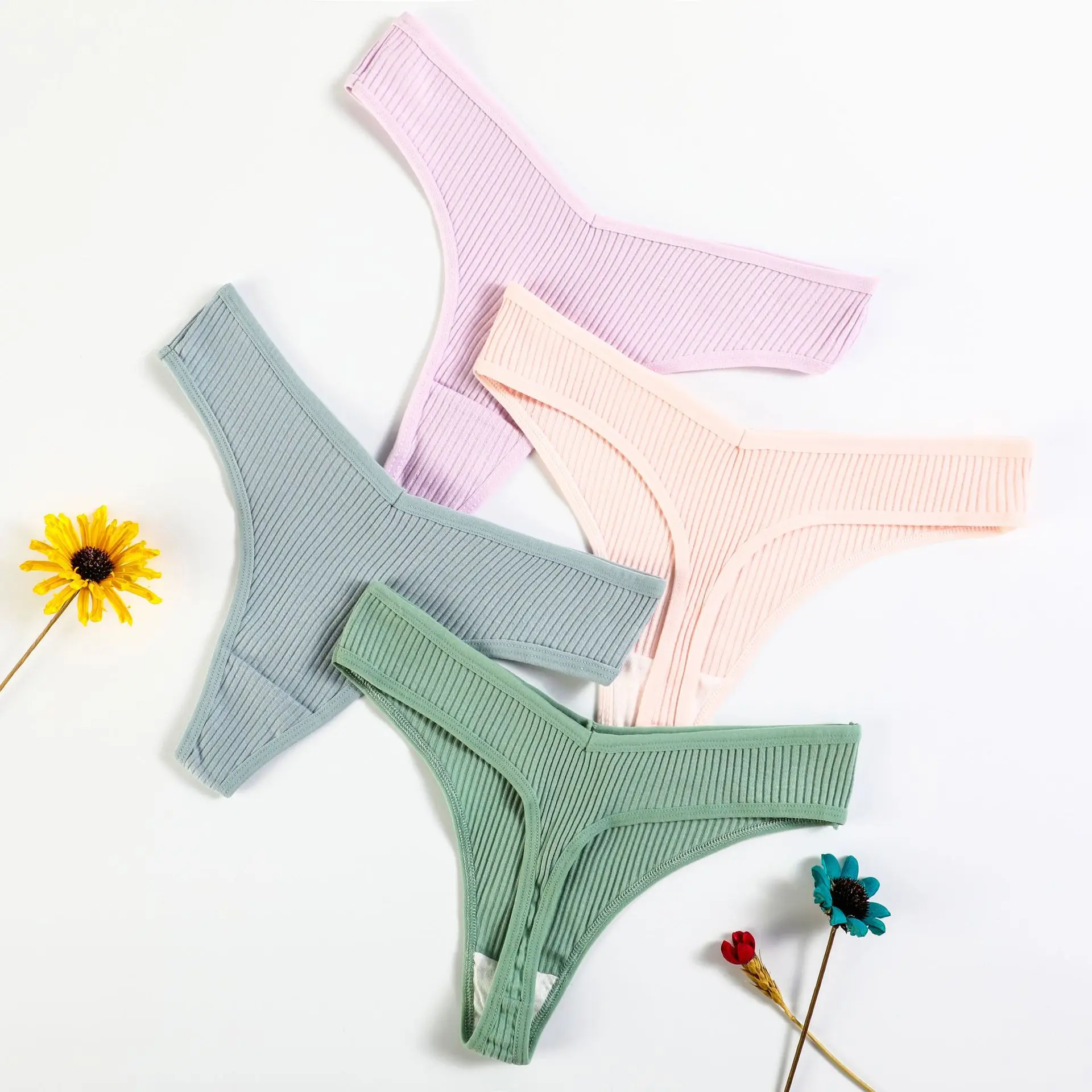 Ribbed Women Tanga Algodon Bow Panties Cotton Thong Underwear Tangas Para Mujer