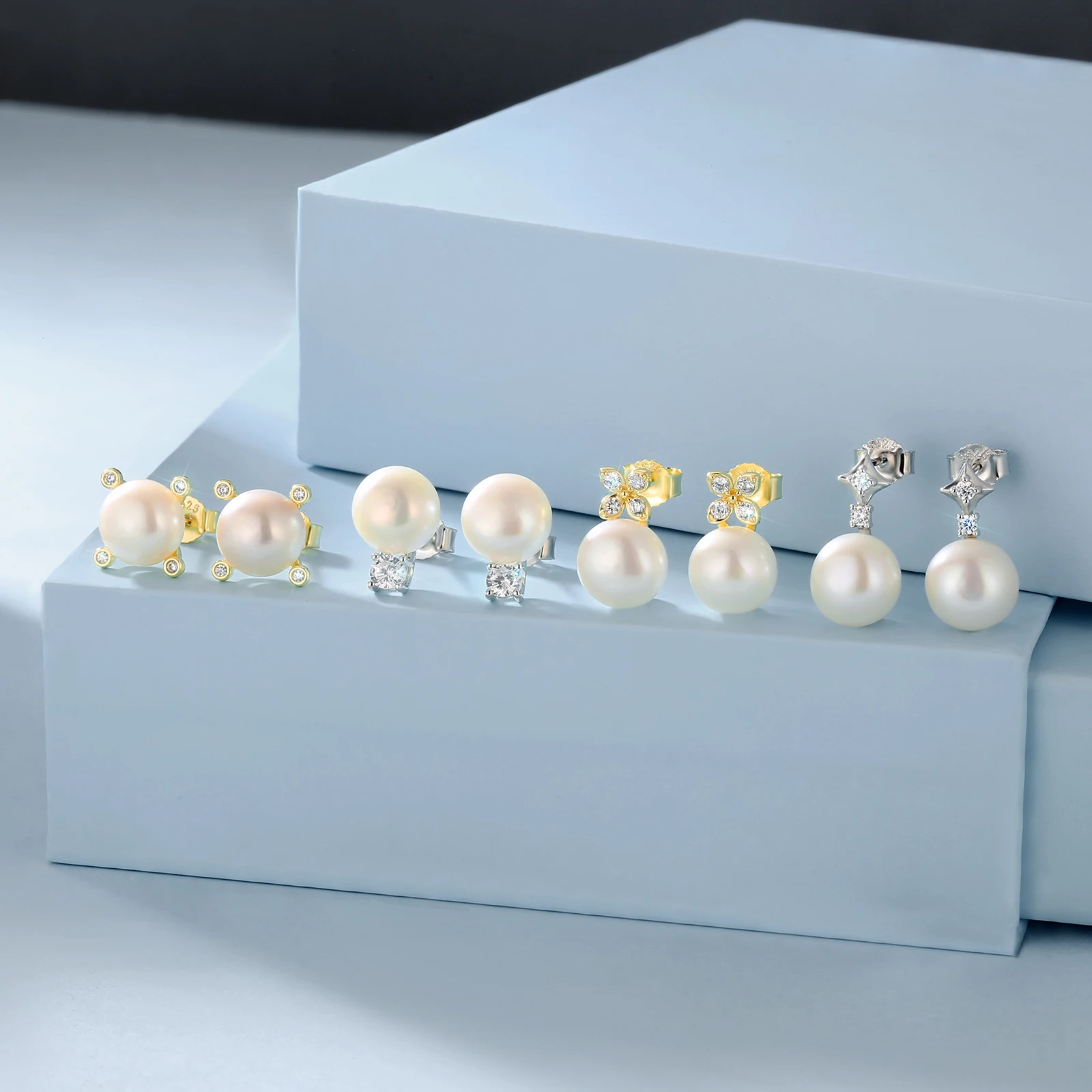 New 14K White Gold Plated Real Pearl Stud Earrings Women 925 Sterling Silver Natural Freshwater Pearl Diamond Earrings for Girl