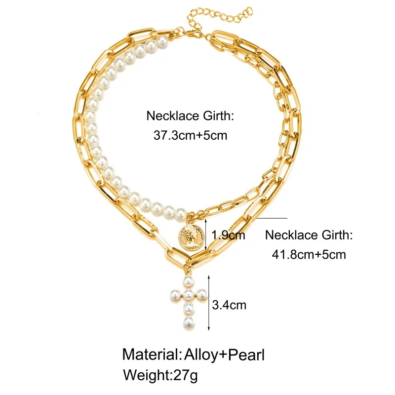 Queen Coin Pearl Cross Pendant Necklace Multilayer Baroque Pearl 18K Gold Plated Chunky Chain Pearl Cross Choker Necklace