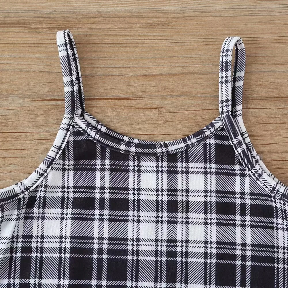 J&H 2022 girls kids summer chic black Little Bear caftan and grid printed slip dress sets 2 piece outfits lovely toddler clothes