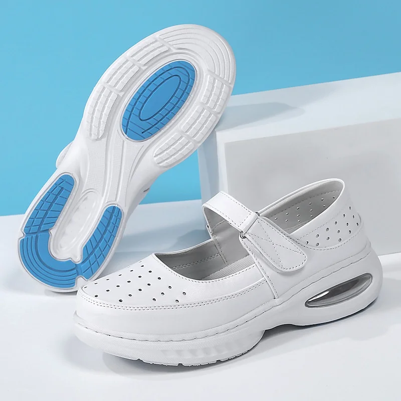Thick Sole Nurse Shoes Genuine Leather Air Cushion Soft Insole Non-Slip Deodorizing Filter Thick Sole Nursing Shoes in Stock