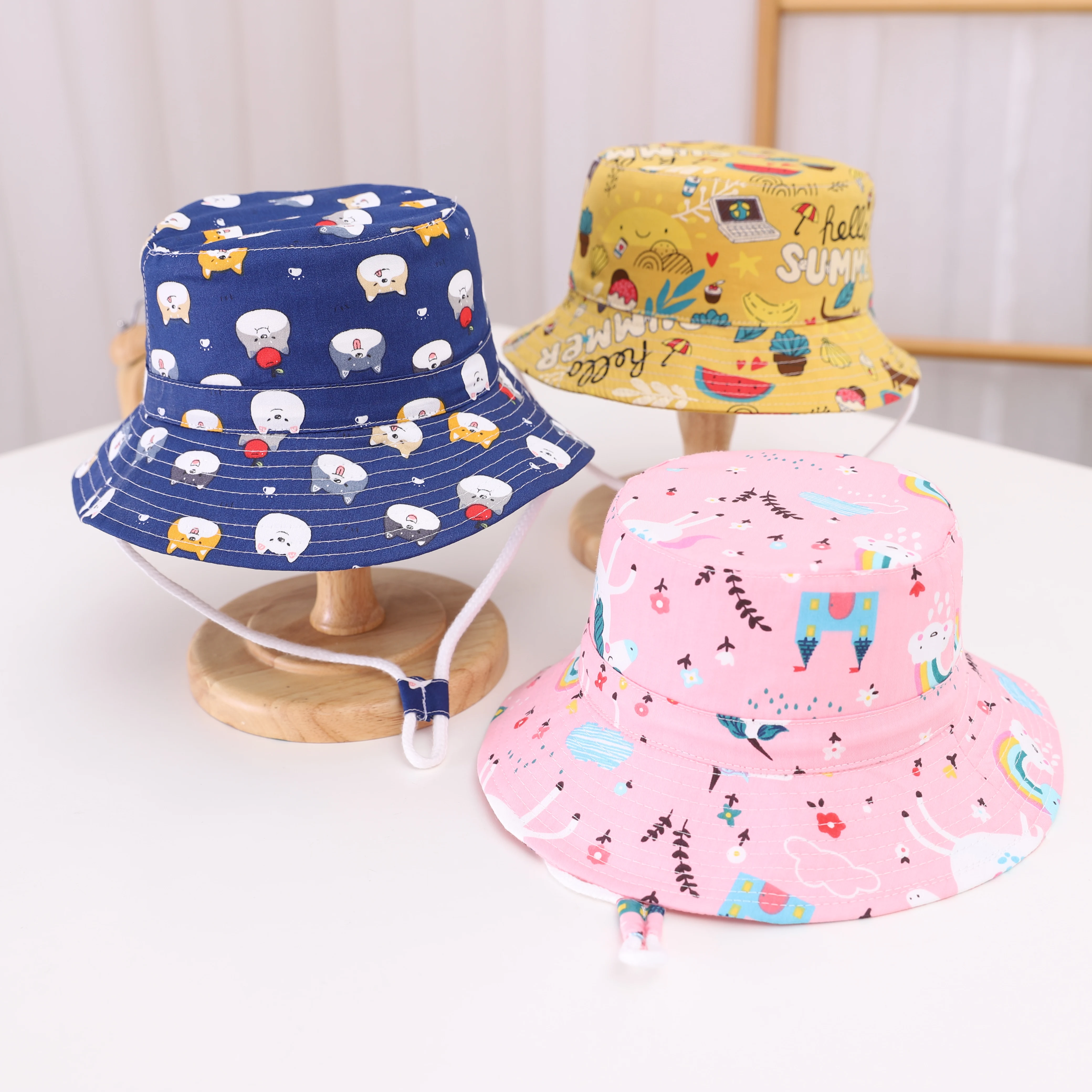 High quality fashion wholesale bulk new design outdoor baby sun hat baby cotton bucket hat with strings