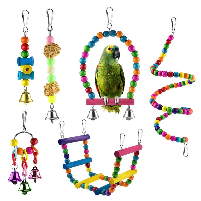 Natural Wood Ladder Colorful Hanging Shredding Toys Parrot Chew Wooden Blocks Bird Perch for Parakeets