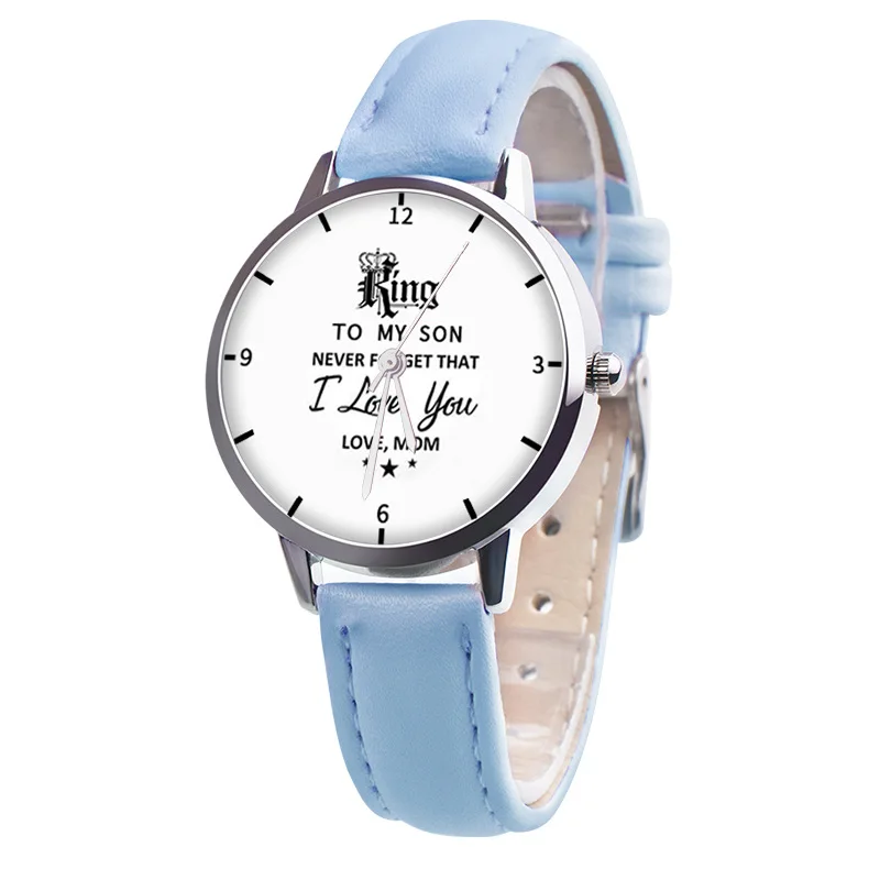 Relogio Feminino New Letter Mom King Queen Children Son Daughter Watches Kids Cute PU Leather Quartz Watch Gifts I Love You