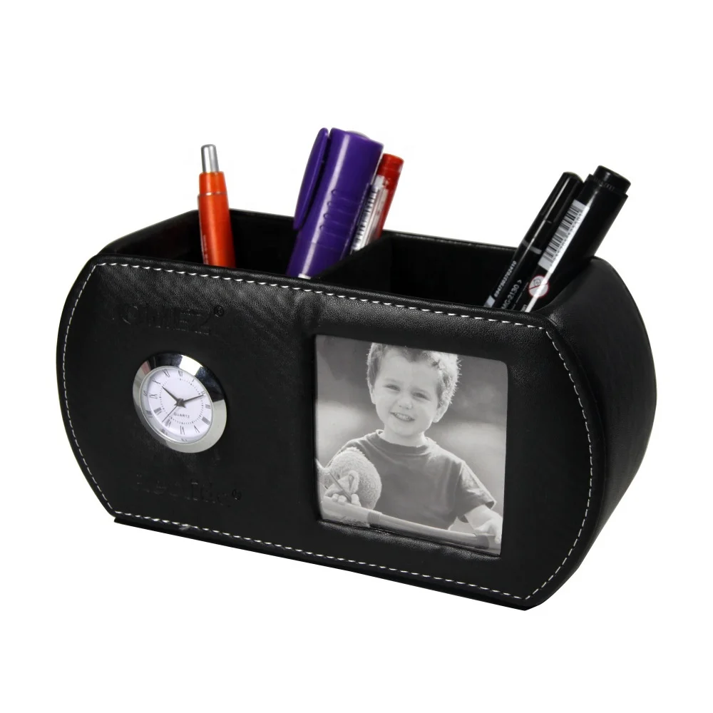 LG-B055  geometric shaped with mini needle clock and photo frame faux leather desk organizer pen holders gift
