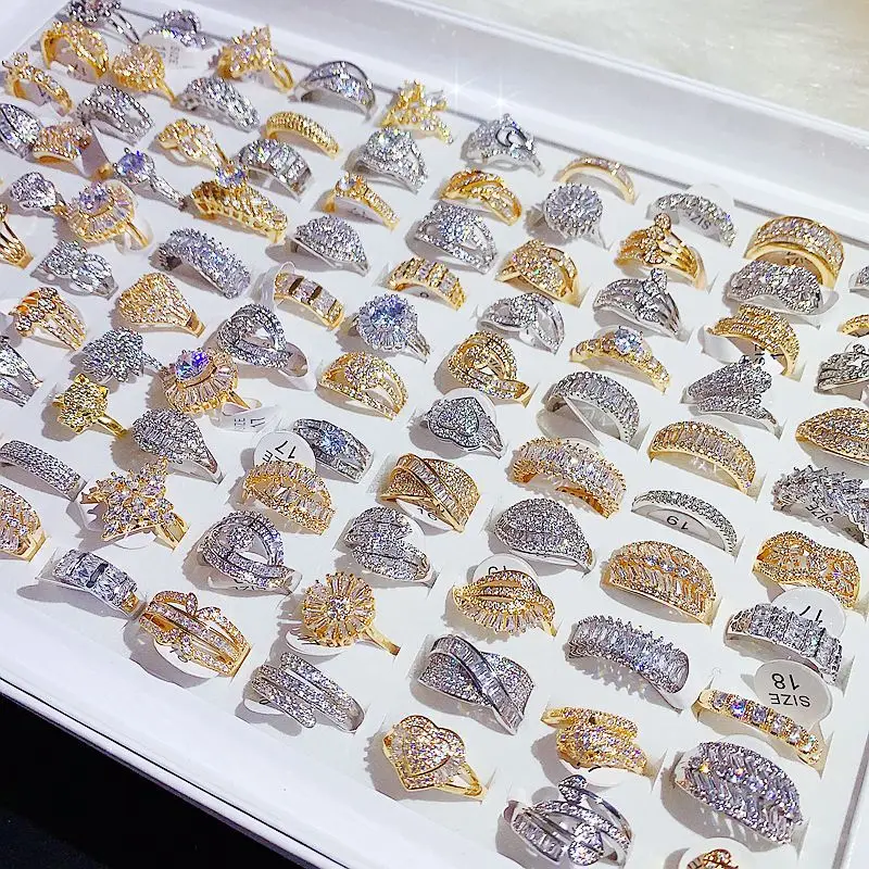 Trends Luxury Gold Plated Ring Cz Zircon Mix Bulk Gemstone Elegant Ladies Wedding Rings Jewelry For Women Girls Wholesale