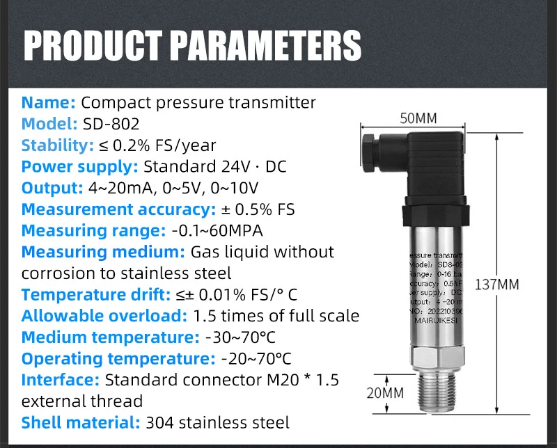 Factory price 60bar 0.5%FS   4-20mA 0-10V  pressure sensor 304 stainless steel pressure transmitter