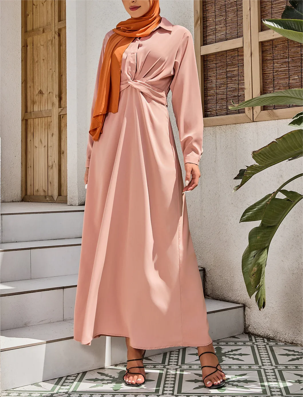 Wholesale Maxi Islamic Clothing Solid Color Middle East Arab Dubai Long Sleeve Golden rose Satin Dresses Women Muslim Dress