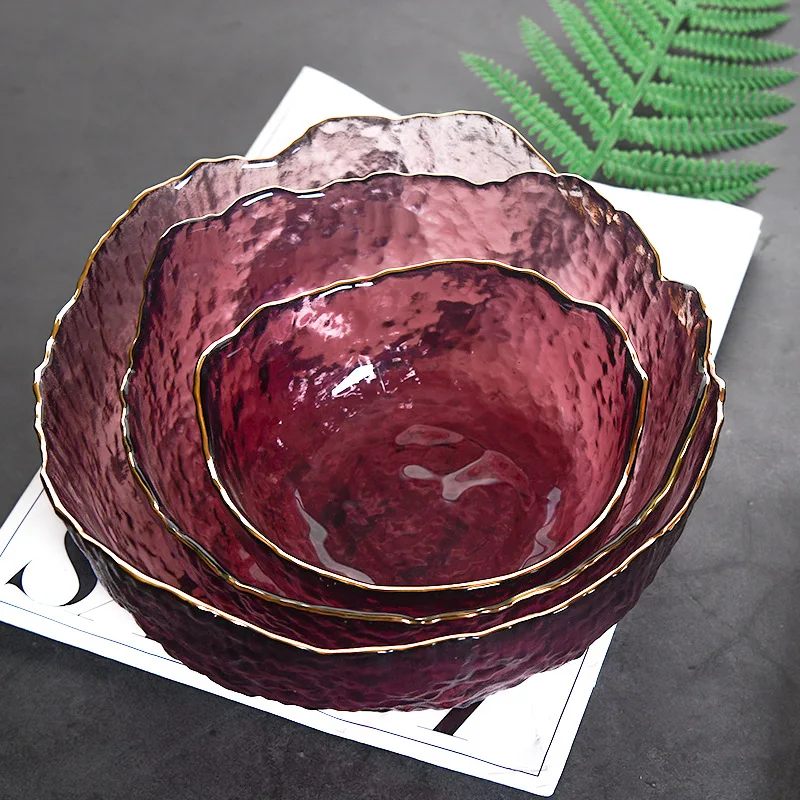 Nordic Wholesale Discount Custom Size Classic Irregular Glass Bowl Set Colored Glass Salad Bowl Glass Fruit Bowl