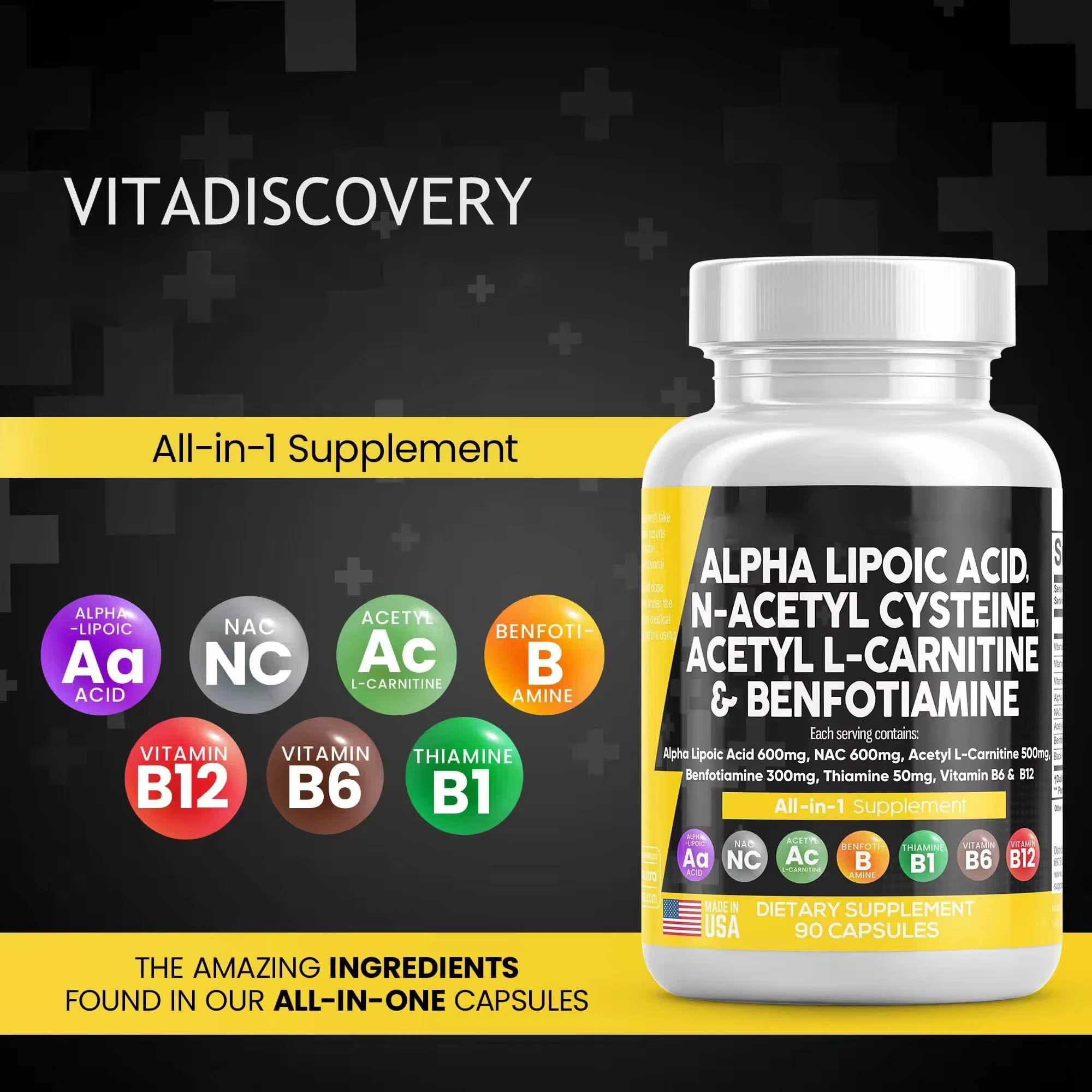 Alpha Lipoic Acid Capsules Acetyl L-Carnitine Benfotiamine with Vitamin B1 B6 B12 Natural Alpha Liopic Acid Powerful Antioxidant