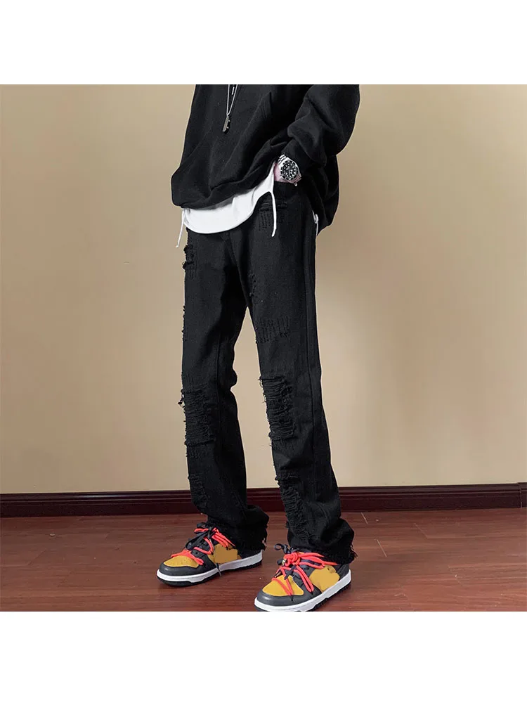 XINGKONG White Pants for Men - High Street Ripped Jeans with Slim Straight Leg and Flare Design