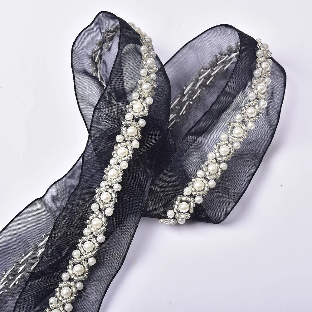 Fashion Rhinestone Pearls Beaded Fabric Lace Trimming Sew on Ribbon for Garment