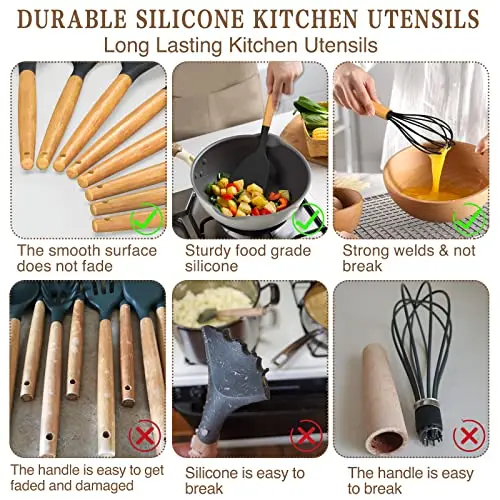 33pcs Nonstick Baking Tool drip pad tong soup spoon ladle pasta patula turner brush Silicone Wood Handle Kitchen Utensils Set