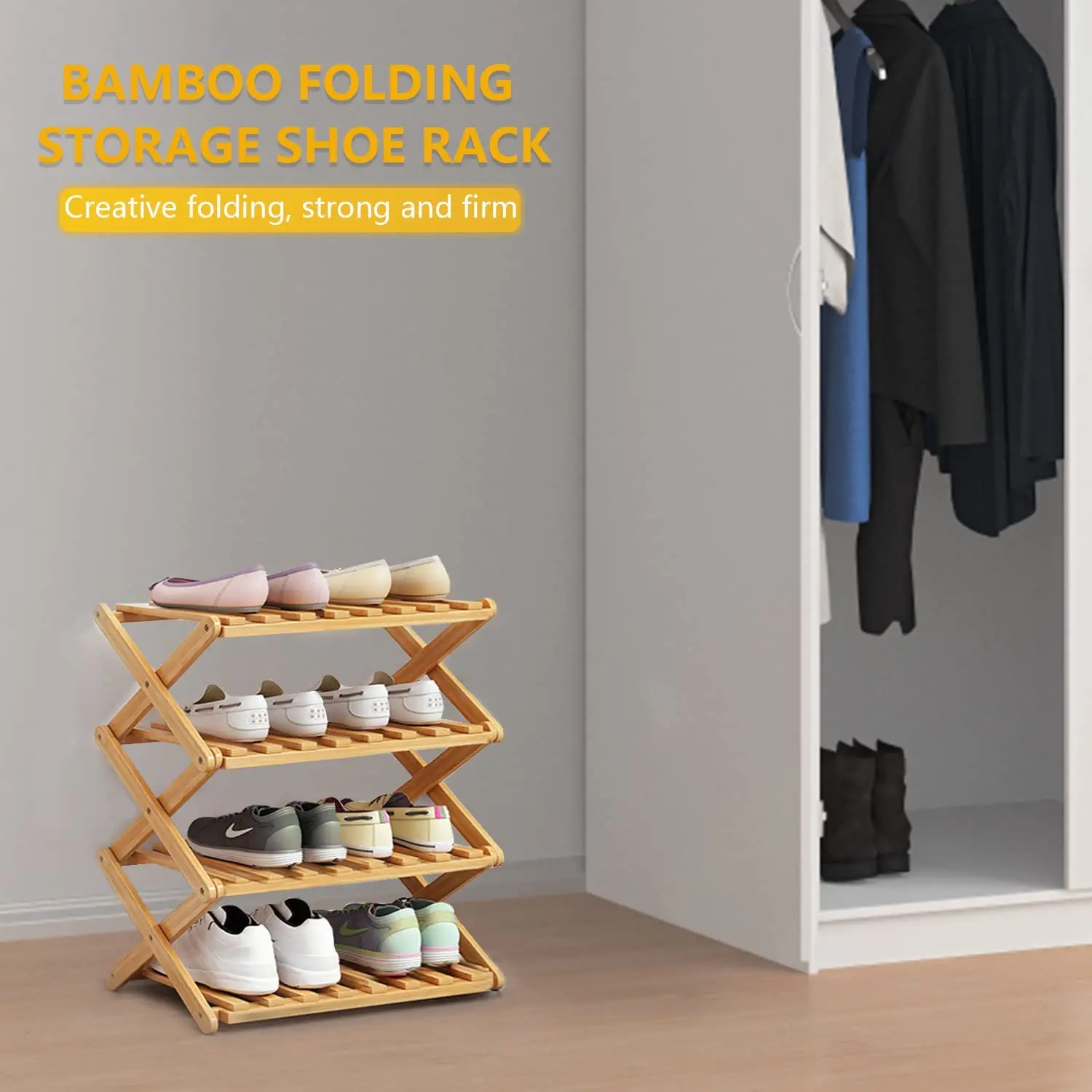 Wooden Foldable Shoe Rack Bamboo Shoes Storage Shelf Stackable Shoe Organizer Stackable Racks