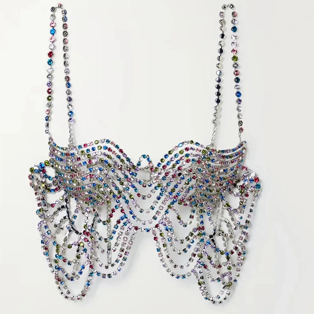 European And American Corrugated Rhinestone Chest Chain Sexy Crystal Mixed Color Bra Bikini Beach Body Accessory Body Chain