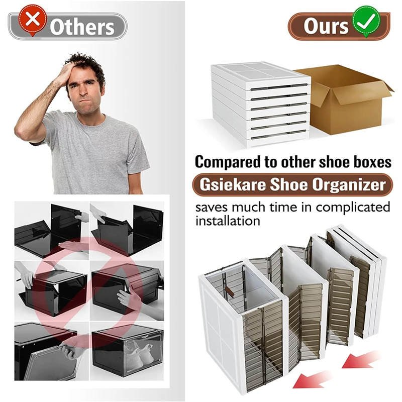 No Assembly Shoe Organizer Rack All-in-one Foldable Stackable Clear Plastic Shoe Storage Box Boots Sneaker Container Bins Holder