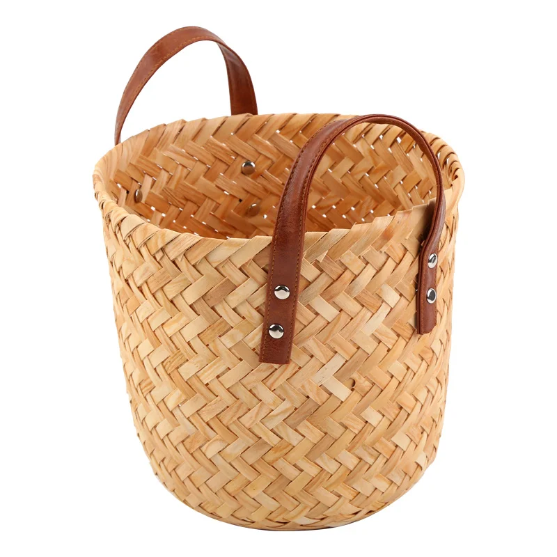 Wholesale wood chip woven round fruit bread storage basket with pp leather