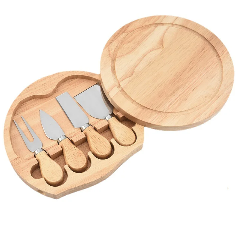 4pcs cheese knife set with Round rubber wood Box Stainless Steel Cheese Cutter with Wooden Handle Baking Tools