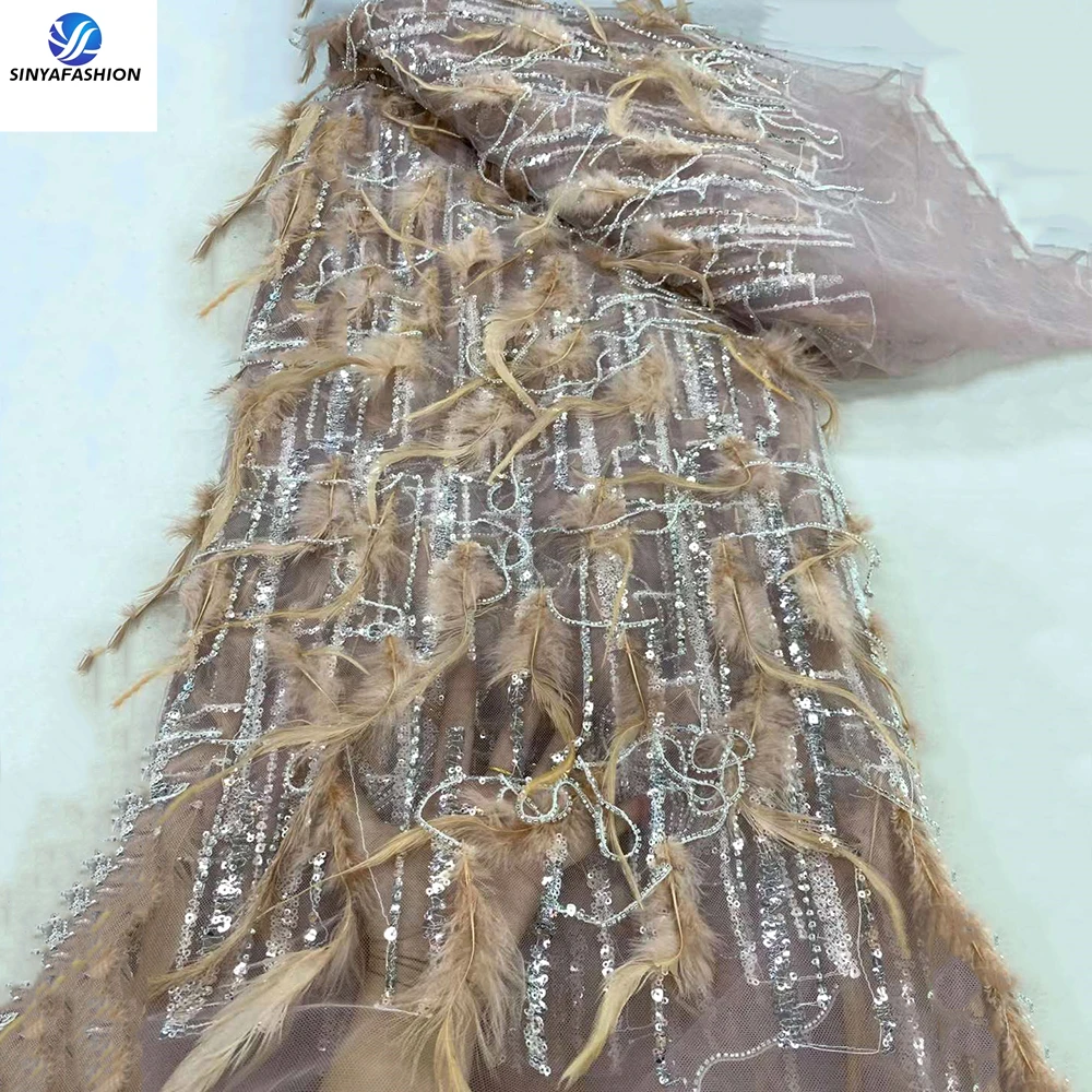 Sinya Gorgeous Sequins Beads Tassels African Tulle Embroidered Wedding Bridal Sewing Dress Luxury 3D Feather Lace Fabric
