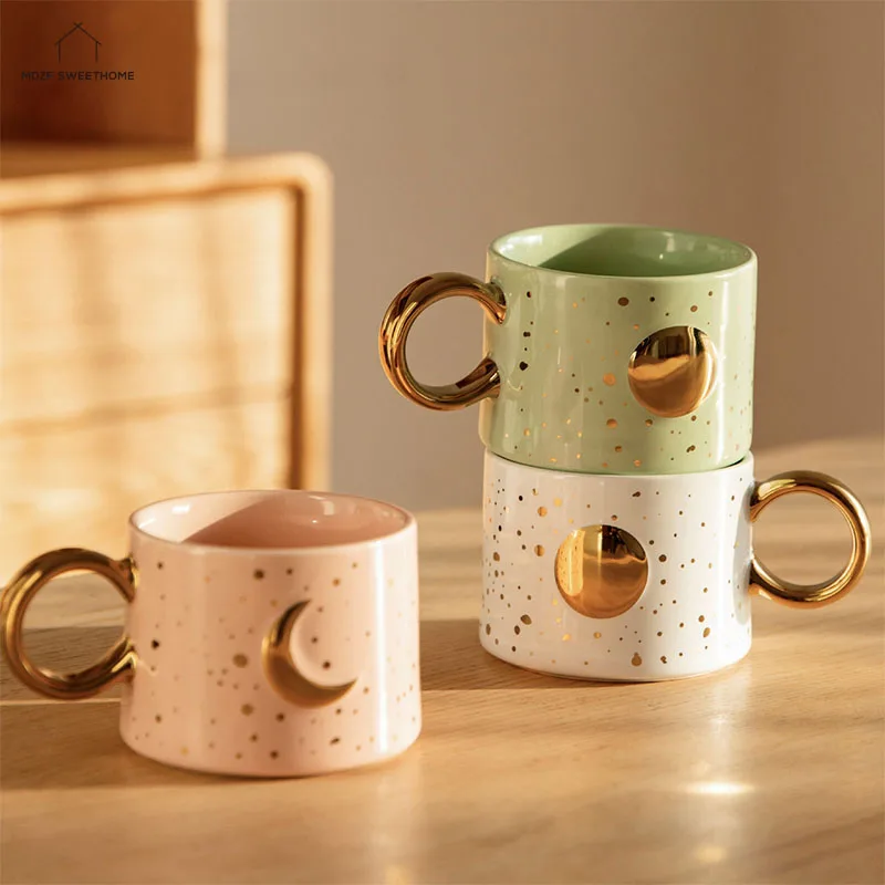 300ml Moon Sun Ceramic Mug Gold Handgrip Coffee Milk Cup Creative Home Office Water Cup