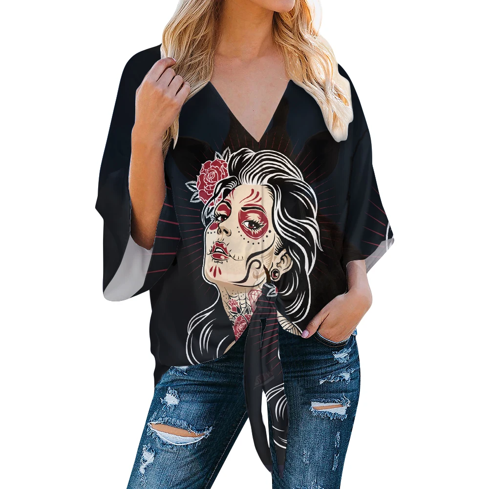 Trendy Tops for Women Halloween Gift Female Three Quarter Sleeve Chiffon V-neck Shirts Sugar Skull Print Custom Factory Drop