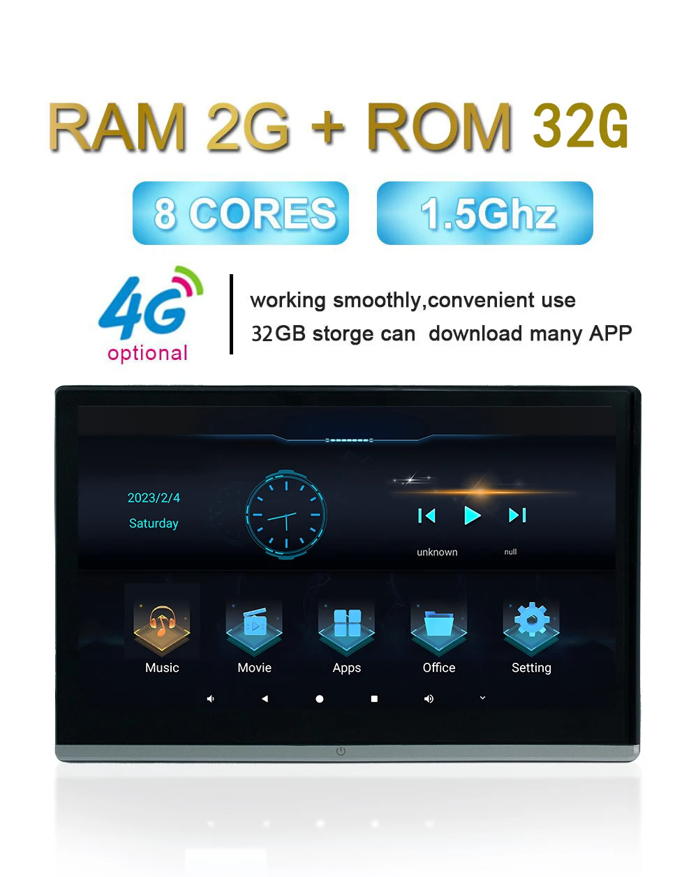 1338A Headrest Monitor 13.3 Android 11 4K Screen Smart TV Car Android Headrest Monitor