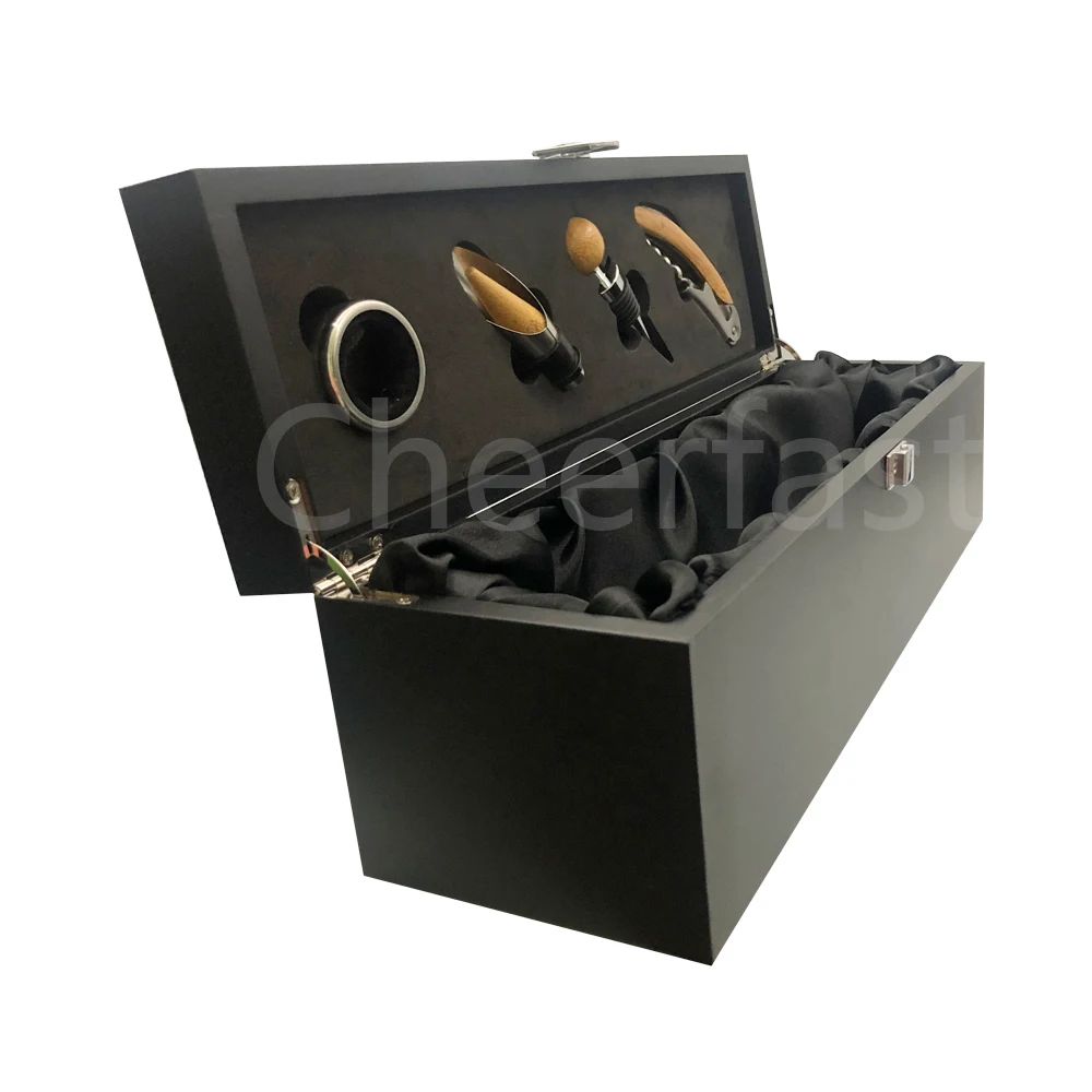 Самая популярная 4 шт. вина инструменты аксессуары и красное вино подарочная упаковка внутри черный MDF деревянная одиночная коробка для бутылки вина