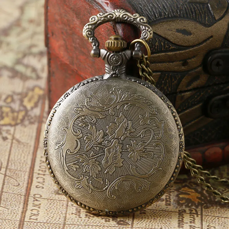 Retro Bronze Hollow out Horse Case Design Quartz Pocket Watch with Necklace Chain Gift for Birthday Christmas