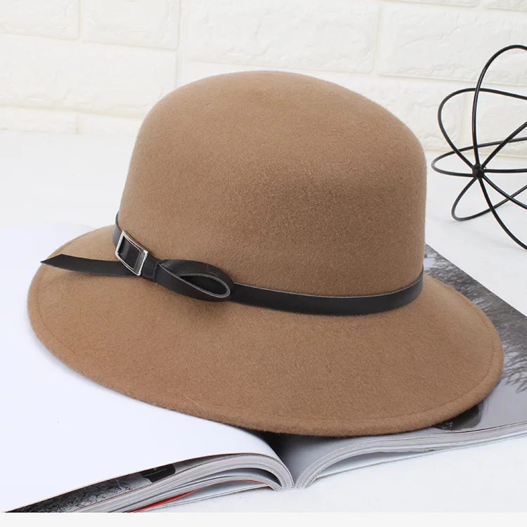  2021 Winter New Elegant Women Simple Quality Cloche Wool Felt Hat For Formal Attire Belt