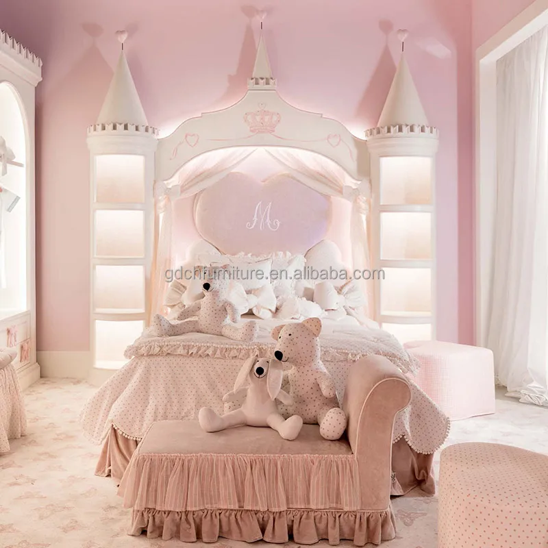 Hot Sale Lovely Children Bedroom Decor White Color Wooden Bed Storage Cabinet Castle bed Solid wood bed