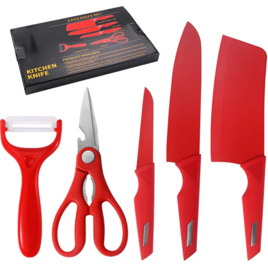 
Gift Color Box plastic Handle 30Cr13 Stainless Steel 5Pcs red Sharp Knives Sets Kitchen Knife Set 