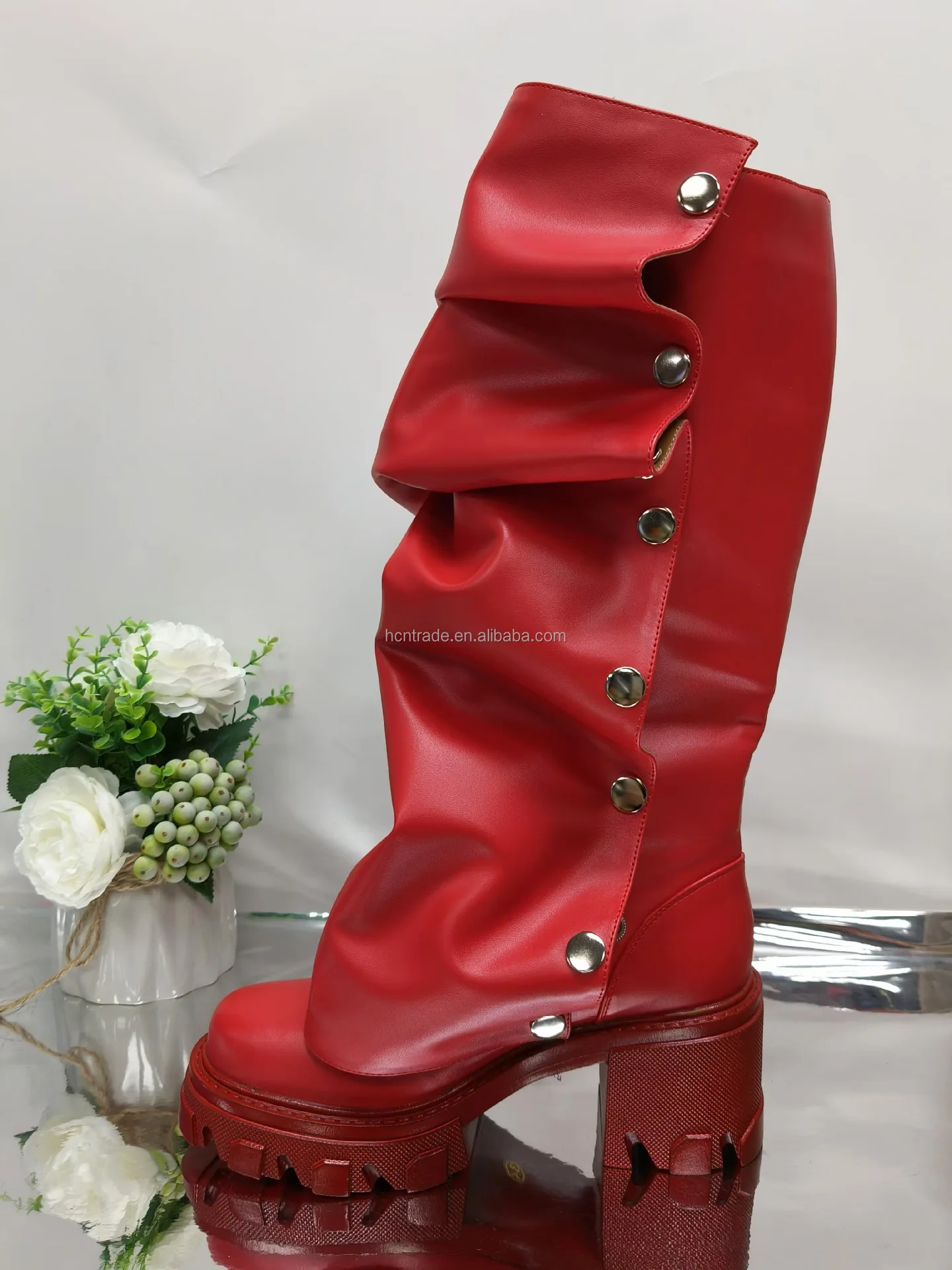 BUSY GIRL MY4685 Womens Removable Boots Red Brown Leather Block Heels Metal Rivets Loose Pleated Platform Women Knee High Boots