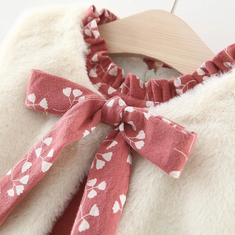 Baby Girls Dress Autumn and Winter Girls Thicken Plus Velvet Long Sleeve Down Dress White Fur Vest 2Pcs Suit Kids warm Clothes