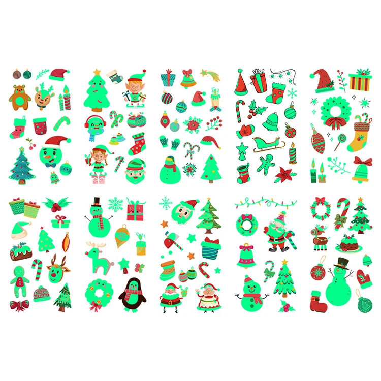 Cartoon Christmas paper sticker Tree Deer Snowman decoration Christmas party gift waterproof Luminous Tattoo Sticker