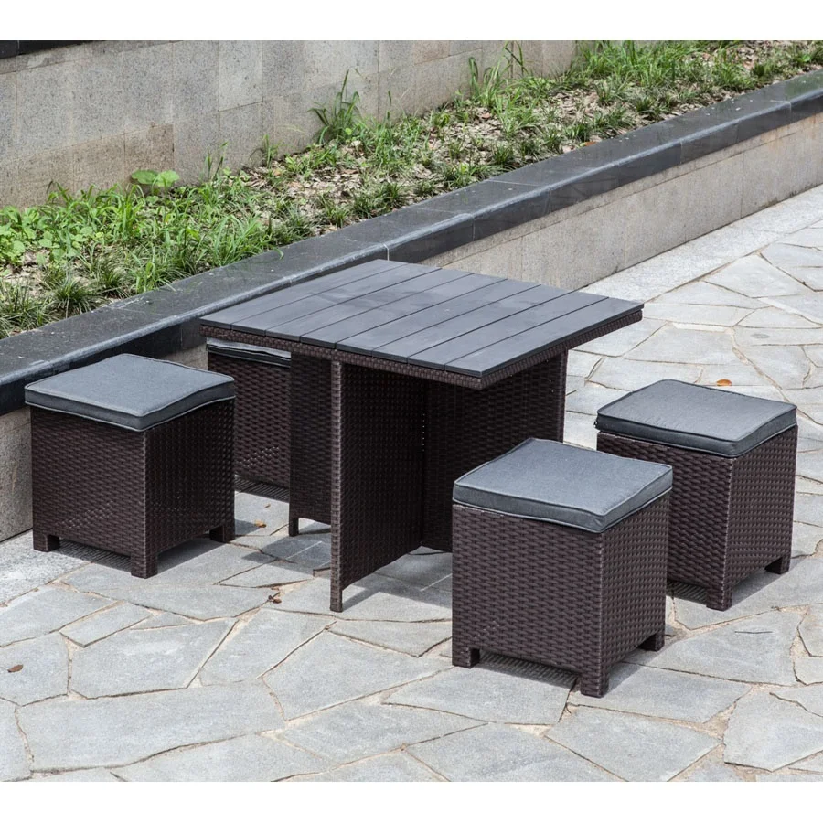 Wood Slat Dining Set Plastic wood Table Footstools Simple Design Outdoor Furniture Garden Rattan Sofa Set