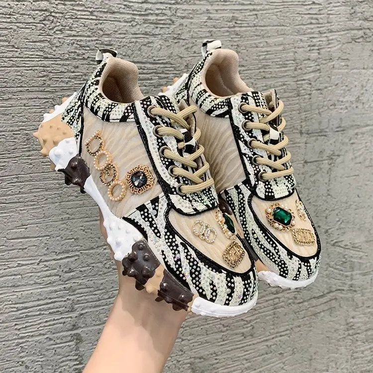 Full diamond color matching casual shoes with diamond inlaid cream color daddy shoes high profile thick soled casual shoes