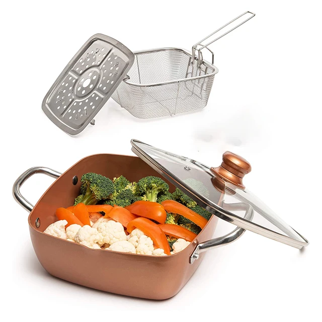 Feature Sustainable Stocked 9.5 inch copper ceramic non stick coating square pan with two handles  4 pcs set for home cooking