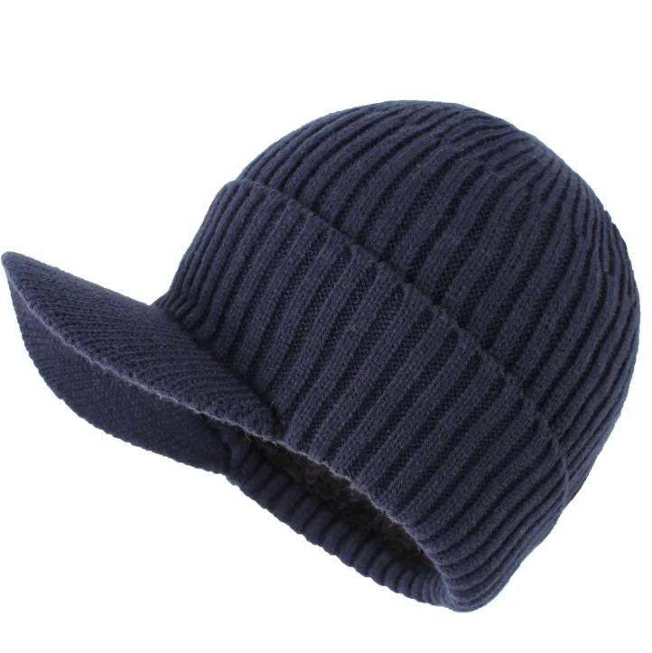 Mens Outdoor Hat Winter Warm Thick Knit Beanie Hat with Visor Beanie with Brim