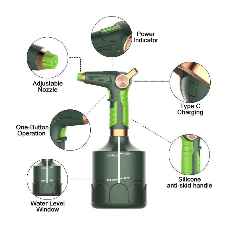 Outdoor style thumb operation 1.5l cylinder jar electric visual water volume watering can portable garden pump sprayer plastic