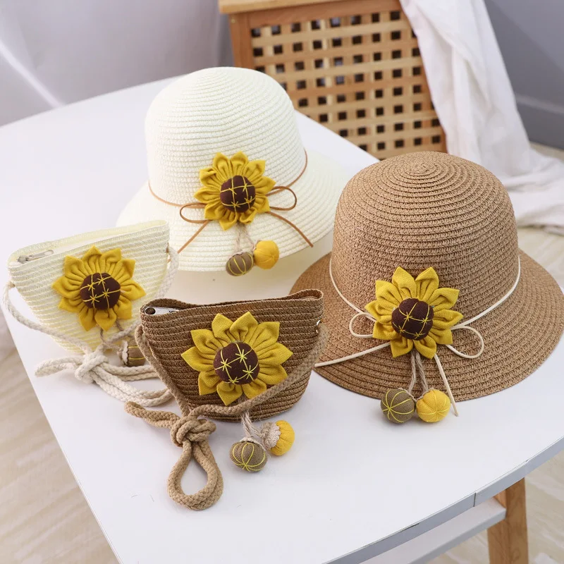 Kids Cute 2 pcs Set Sunflower Decorate Lovely Straw Hat & Bag