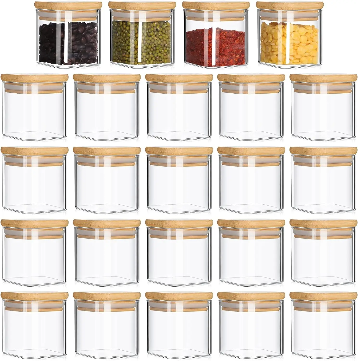 Custom Square Borosilicate Glass Storage Glass Spice Bottles &Jar With Airtight Bamboo Wooden Lid Stackable Kitchen Canisters