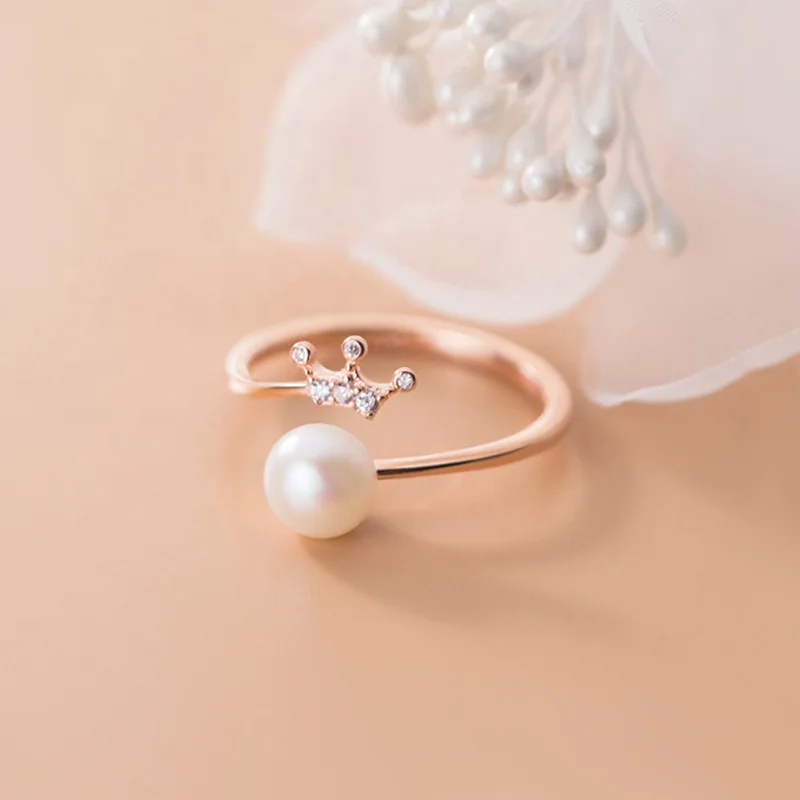 Korea jewelry rose gold plated 925 sterling silver cz diamond crown pearl adjustable ring for girls