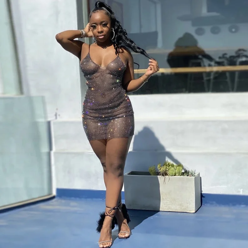 K21D11323 2022 Spring Summer Women Dresses Women New Nightclub Fashion Low-cut Sling Diamond Mesh Sexy Bag Hip Dress