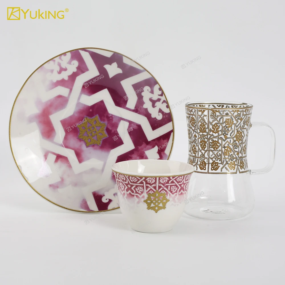 New Model 18pcs Arabic Turkish Espresso Waist Clear Glass Tea and Coffee Set Luxury Kawa Cup Tea Cups Set