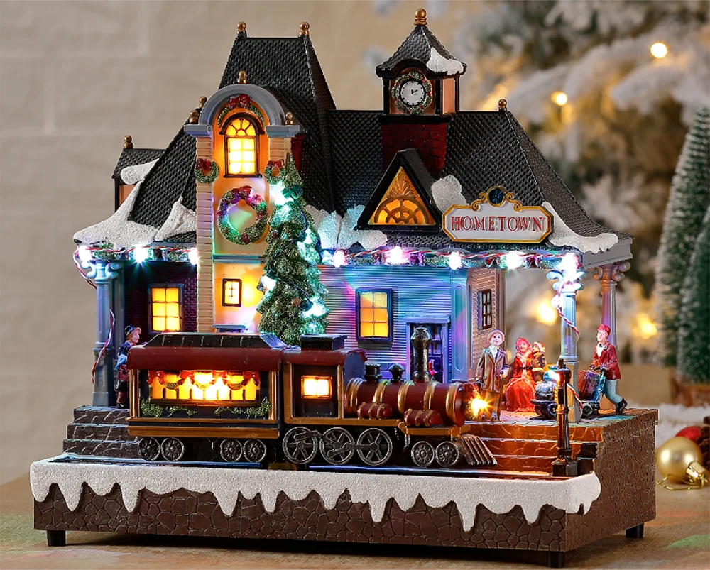 Wholesale  handicrafts Christmas decor Christmas village figurine with moving train Christmas village houses