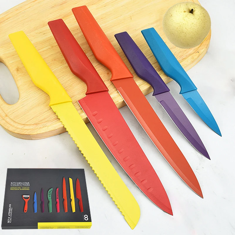 Royal stainless steel non stick coating 8 pcs color swiss line chef knife set with colored handle