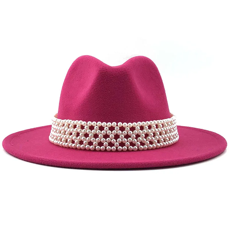 Wholesale Custom OEM Flat Brim Luxury Woolen Hat Cloche Pearl Belt Jazz Hat