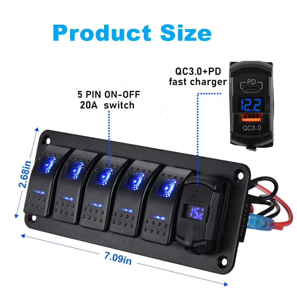 5 Gang кулисный переключатель панель с QC3.0 + PD Dual USB Автомобильное зарядное устройство вольтметр Водонепроницаемый 12V 24V DC для автомобиля грузовика