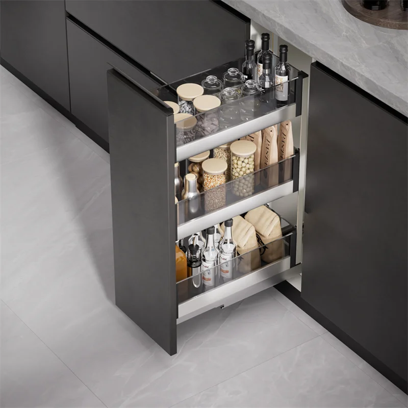Glass Metal Fruit Vegetable Stainless Steel Organizer Spice Bottle Cabinet Storage Rack Storage Sliding Kitchen Pull Out Basket