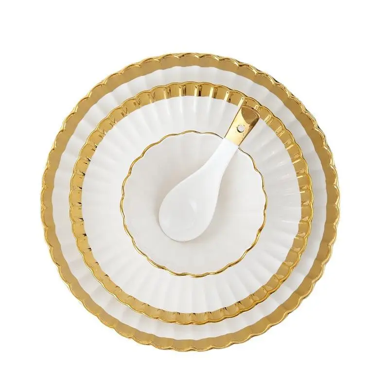 Modern Minimalist Light Luxury Gold Tableware Set, Saudi Style Emboss Tableware with Gold Rim